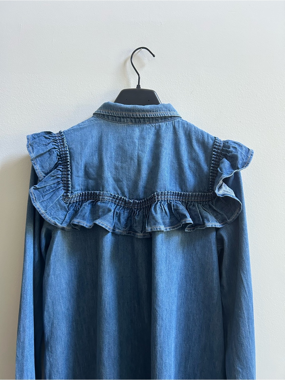 NWT Anthropologie Pilcro Size Large Blue Ruffle Denim Mini Shirt Dress - Picture 12 of 16